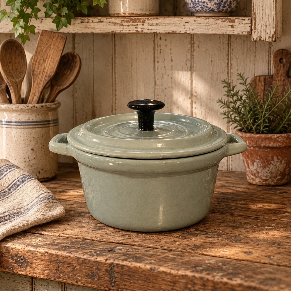 Light Blue Stoneware Dutch Oven Round Casserole Dish with Lid 9x7x5.5